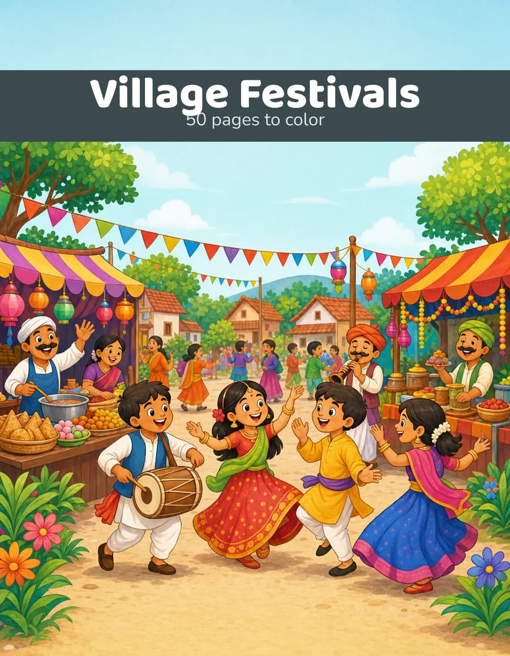 Generated coloring book cover reading “Village Festivals”