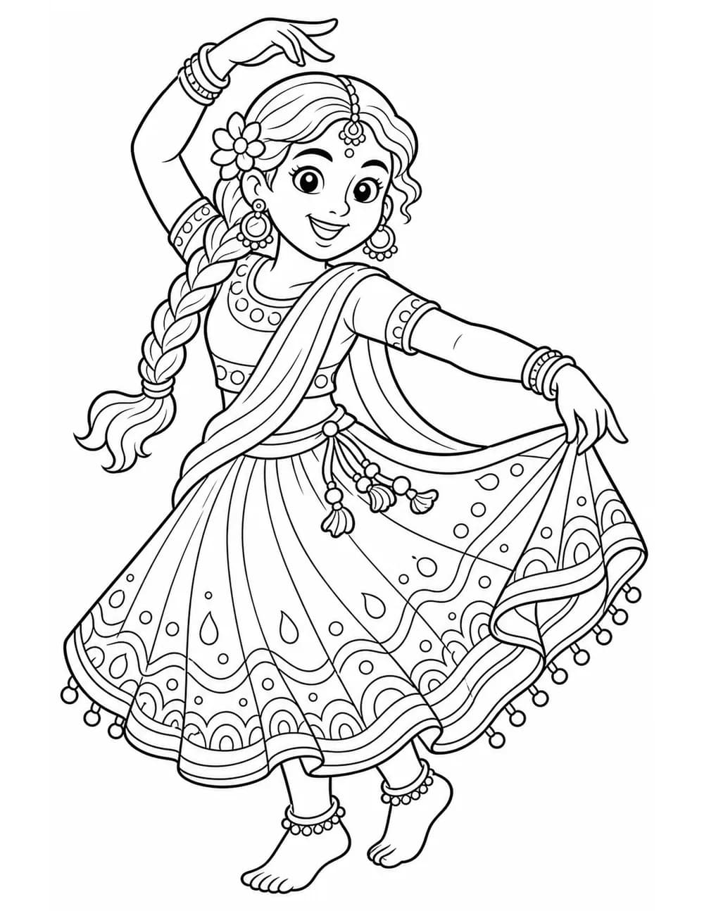 Coloring page of a girl dancing at a festival