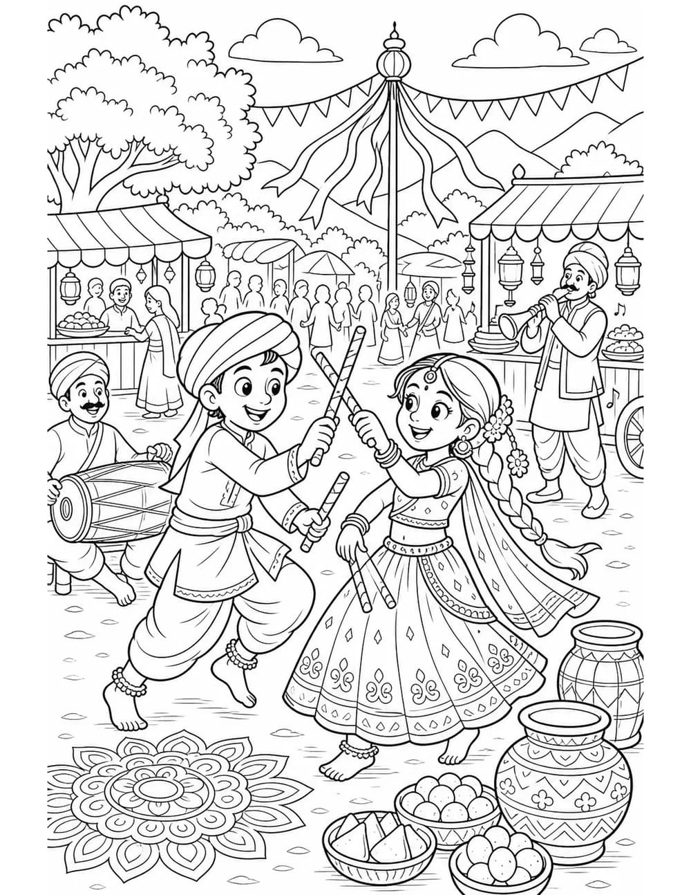 Children dancing at a fair coloring page