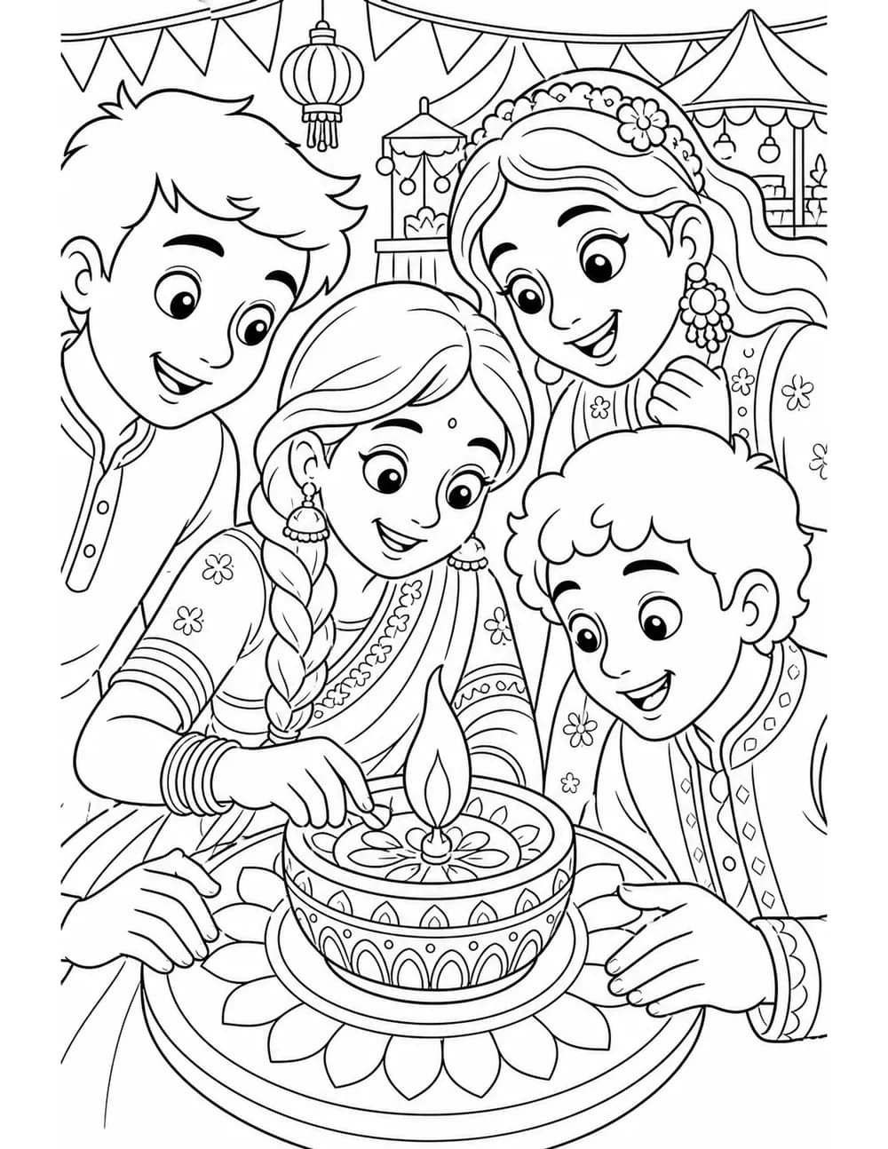 Children around a decorated lamp coloring page