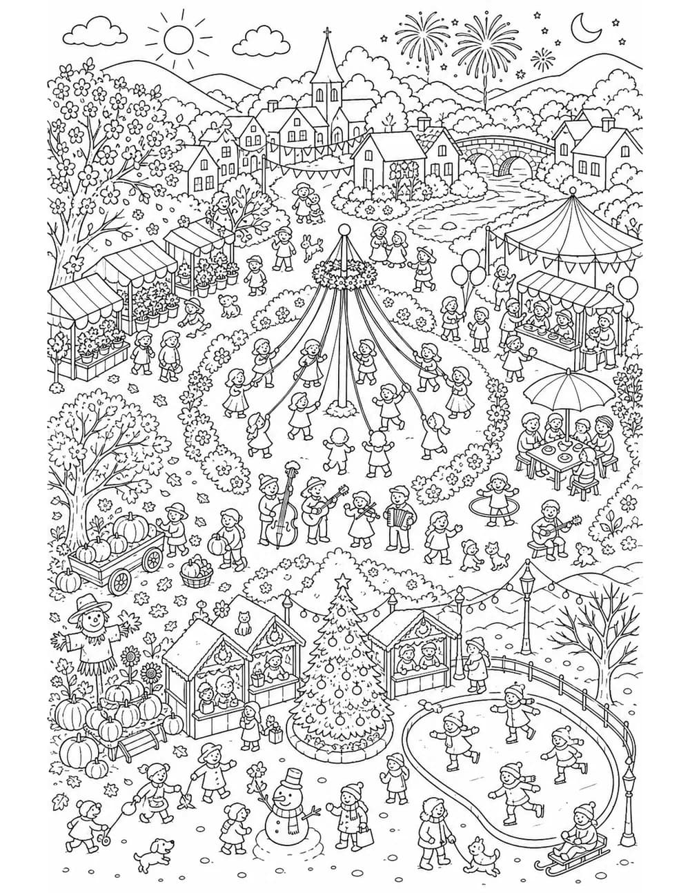 Detailed village festival coloring page