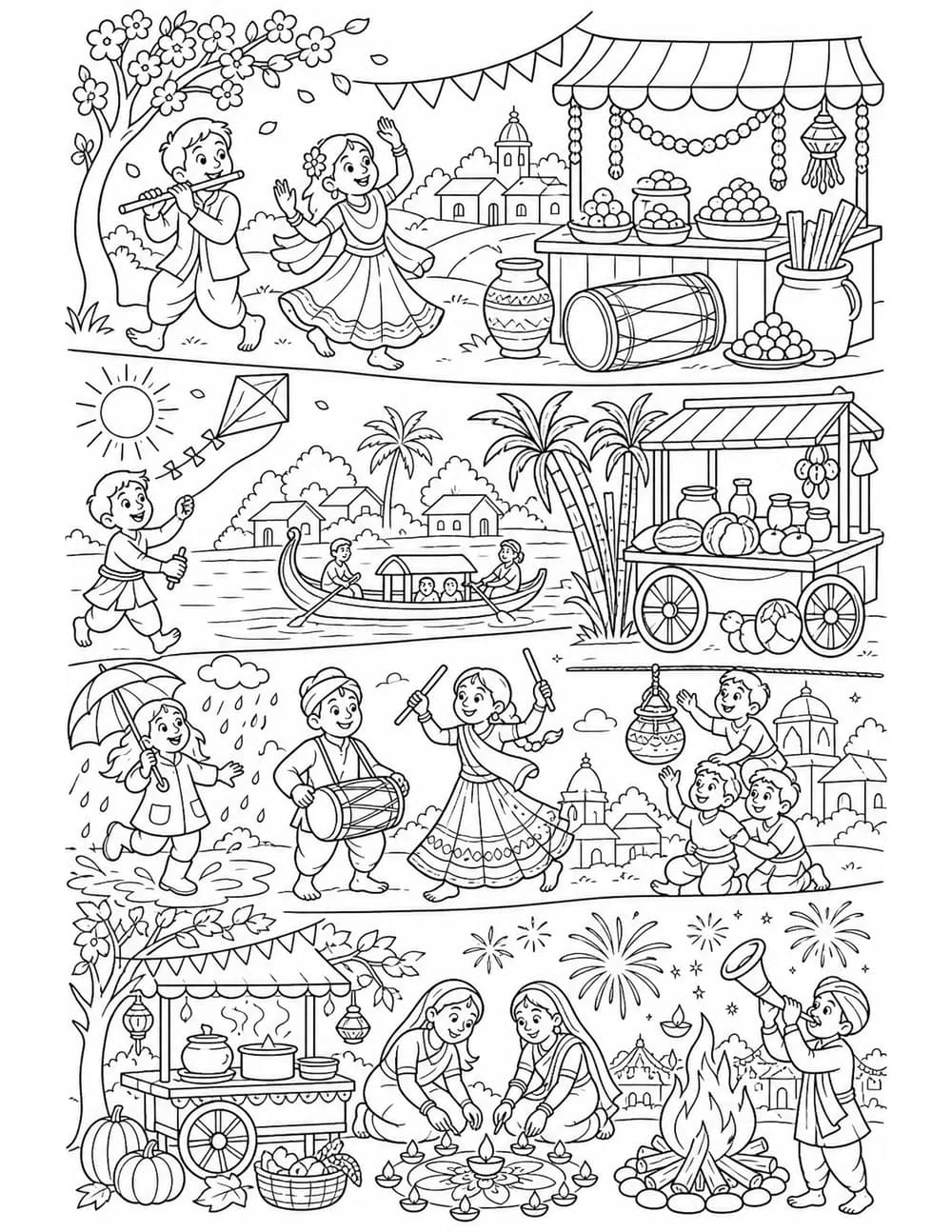 Four seasonal festival scenes coloring page