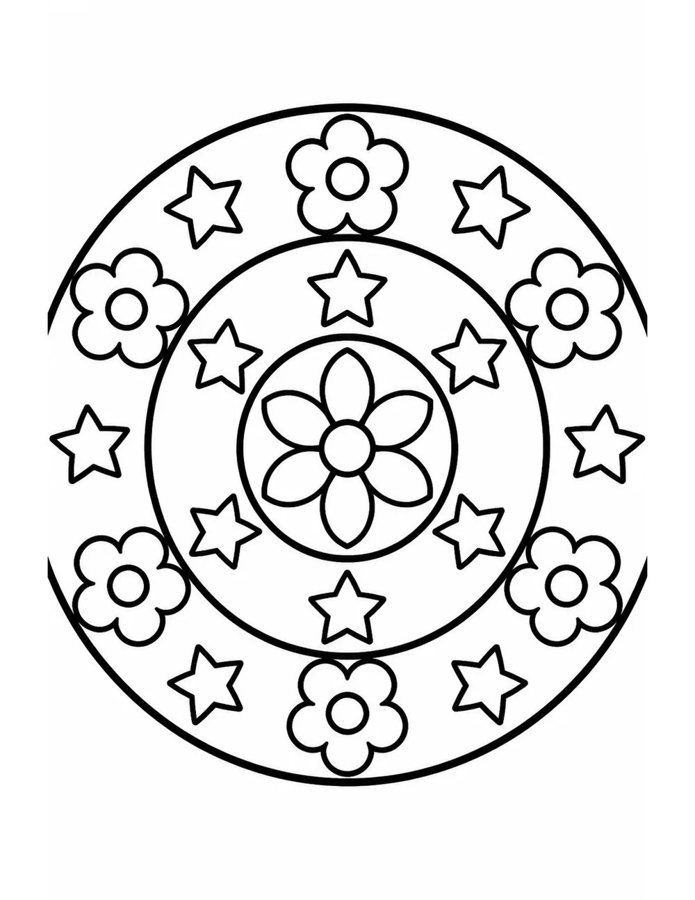 Bold outlined floral mandala coloring page